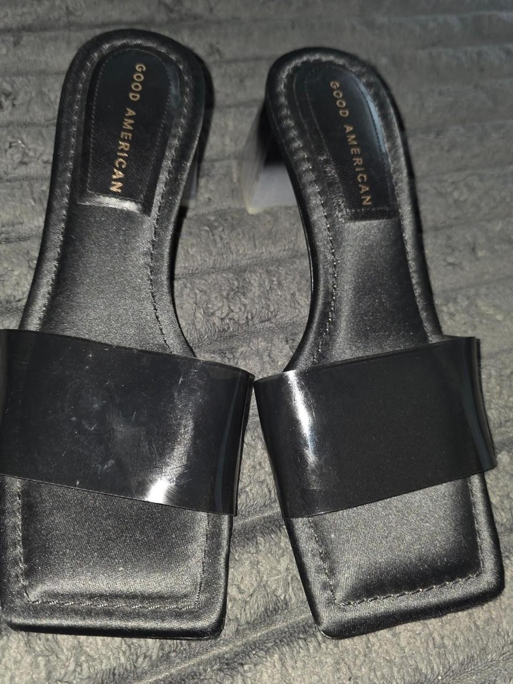 Good American Black Patent Square-Toe Slide Mules